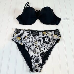 Cupshe Womens Black Bikini Set Floral High Waisted Bottom L NWOT